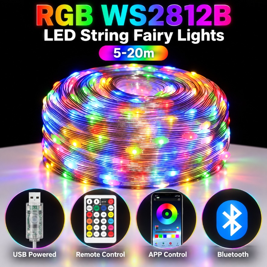 Ws2812B Strip 5V - 5～20mのWS2812B RGB LEDフェアリーライト。Bluetoothアプリで遠隔操作が可能。パーティーや家庭の装飾に最適なアドレス指定可能なLEDライト。